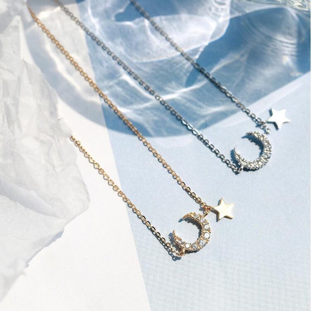 NEW Diamond Moon Star Sterling Silver Necklace - Picture 2 of 9